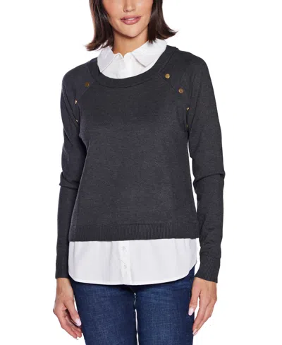 Belldini Women's Layered-look Rivet-trim Sweater In Gray