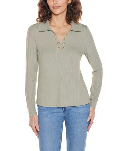 Belldini Women's Long Sleeve Collared Neck Top In Gray