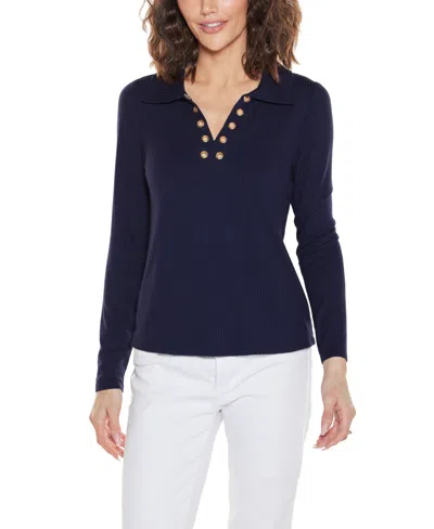 Belldini Women's Long Sleeve Collared Neck Top In Multi