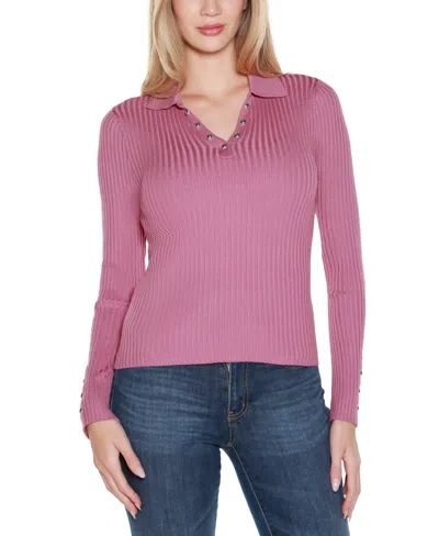 Belldini Women's Long Sleeve Johnny Collar Sweater In Pink