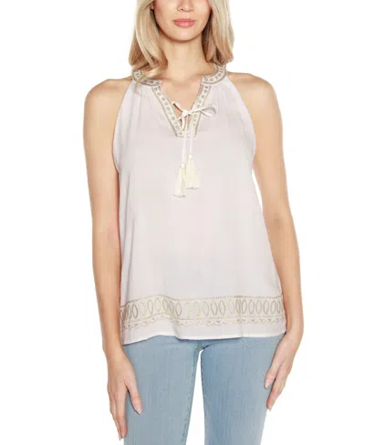 Belldini Women's Lurex Embroidered Keyhole Tank In Neutral
