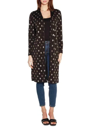 Belldini Women's Metallic Paisley Print Open Front Cardigan In Black Gold