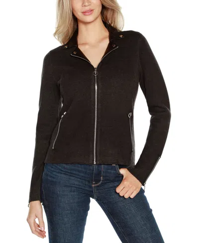 Belldini Black Label Women's Motorcycle Sweater Jacket In Heather Charcoal,black