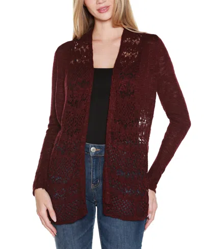 Belldini Women's Open-front Pointelle-trim Cardigan Sweater In Burgundy