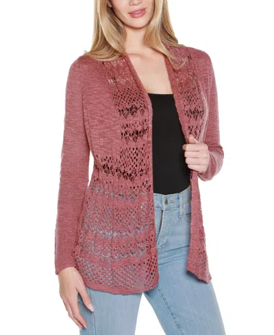 Belldini Women's Open-front Pointelle-trim Cardigan Sweater In Purple