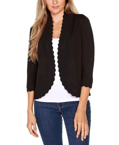 Belldini Women's Open-front Scalloped 3/4-sleeve Cardigan In Black
