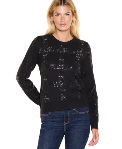 Belldini Women's Plaid-sequin Crewneck Pullover Sweater In Multi
