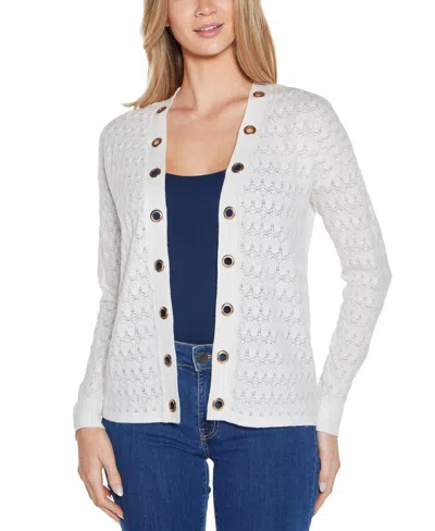 Belldini Women's Pointelle And Grommet Open Cardigan Sweater In Ivory Multi