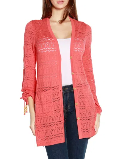 Belldini Women's Pointelle Pocket Cardigan In Coral Crush