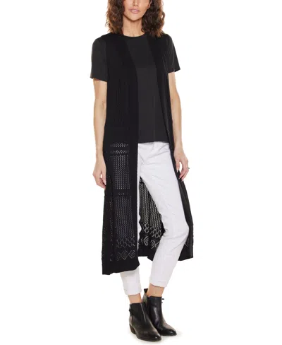 Belldini Women's Pointelle Sleeveless Duster Cardigan Sweater In Black
