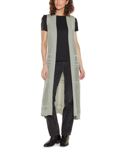 Belldini Women's Pointelle Sleeveless Duster Cardigan Sweater In Gray