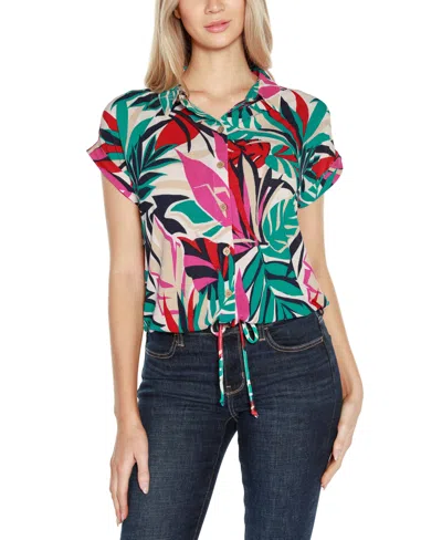 Belldini Women's Printed Collared Button-front Printed Floral Top In Red Combo
