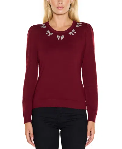 Belldini Women's Puff Sleeve Embellished Neckline Sweater In Cranberry