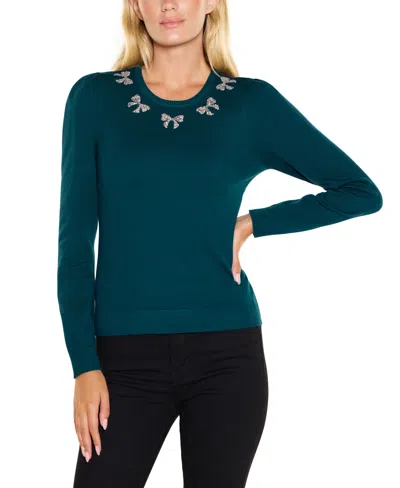 Belldini Women's Puff Sleeve Embellished Neckline Sweater In Winter Teal