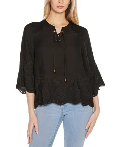 Belldini Black Label Plus Size Raglan 3/4-sleeve Embroidered Top