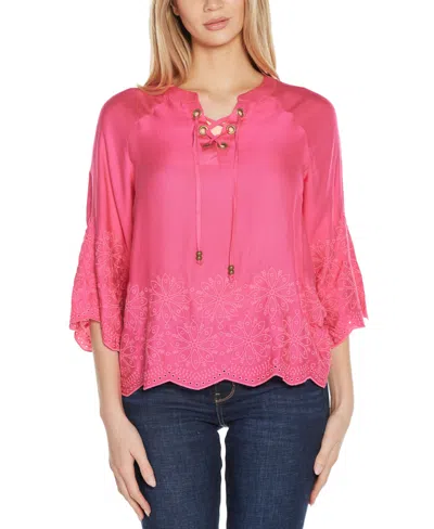 Belldini Black Label Plus Size Raglan 3/4-sleeve Embroidered Top In Petal Pink