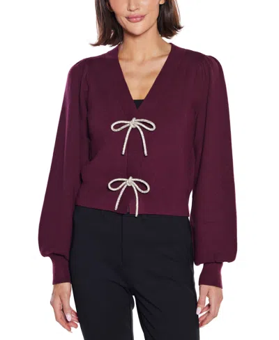 Belldini Women's Rhinestone-bow Hidden-snap Cardigan Sweater In Burgundy