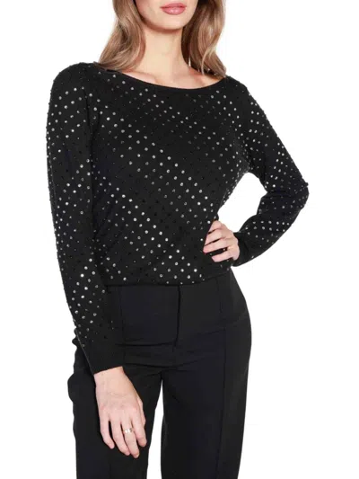 Belldini Women's Rhinestone Embellished Long Sleeve Sweater In Black