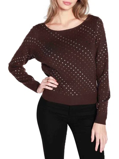 Belldini Women's Rhinestone Embellished Long Sleeve Sweater In Chocolate