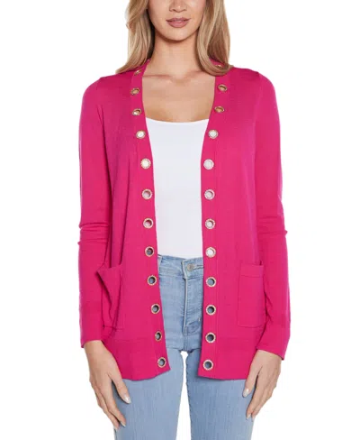 Belldini Women's Rhinestone Grommet Open-front Cardigan Sweater In Pomegranate Punch