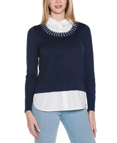 Belldini Women's Rhinestone-neckline Two-fer Sweater In Blue