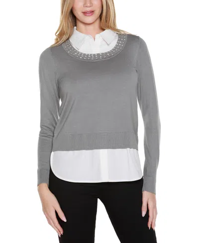 Belldini Women's Rhinestone-neckline Two-fer Sweater In Gray