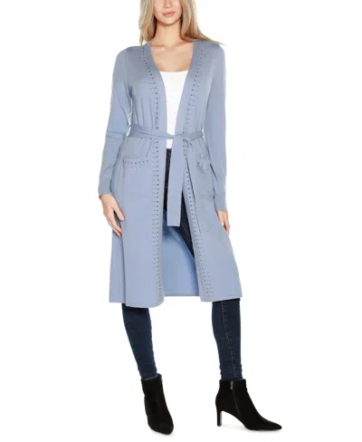 Belldini Black Label Women's Rhinestone-trim Belted Duster Cardigan Zip Up Sweater In Chambray