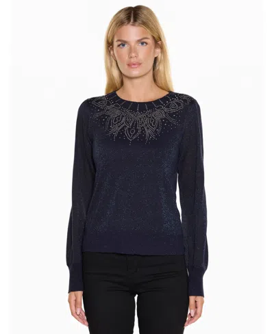 Belldini Women's Rhinestone-embellished Long-sleeve Crewneck Sweater In Blue