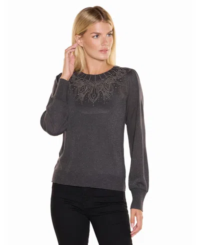 Belldini Women's Rhinestone-embellished Long-sleeve Crewneck Sweater In Gray