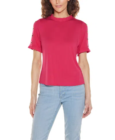 Belldini Plus Size Ruffle-trim Grommet Knit Top In Pink