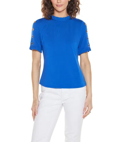 Belldini Women's Ruffle Trim Grommet Knit Top In Blue