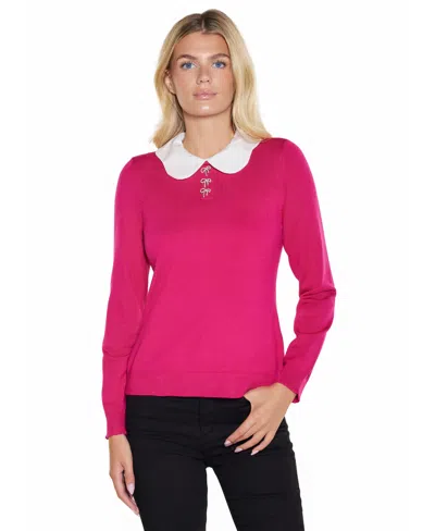 Belldini Women's Scalloped Keyhole-back Long-sleeve Rayon-blend Pullover Sweater In Pink