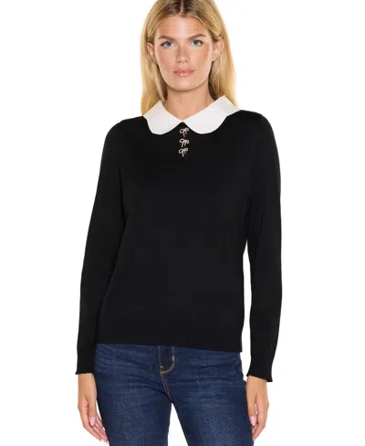 Belldini Women's Scalloped Woven Collar Keyhole-back Rayon-blend Pullover In Black,white