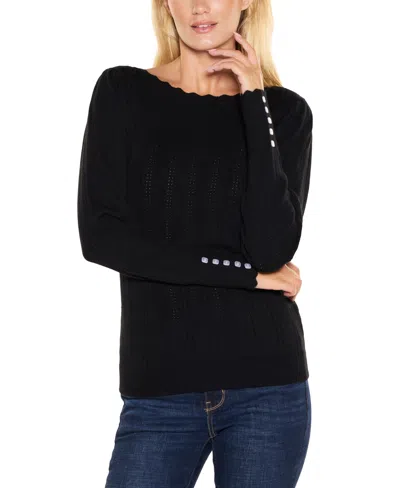 Belldini Women's Scalloped-trim Boat Neck Sweater In Black