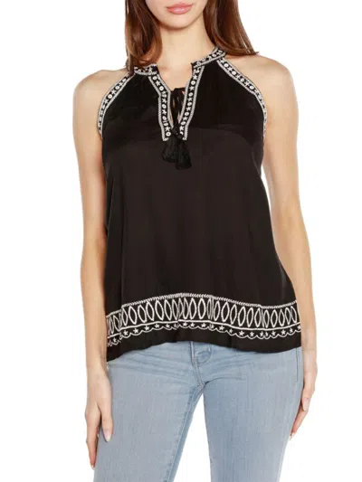 Belldini Women's Lurex Embroidered Keyhole Tank In Black White