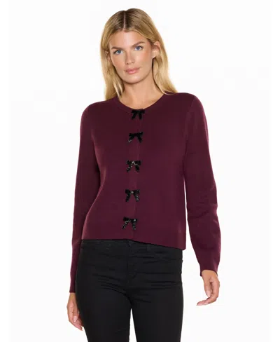 Belldini Women's Snap-front Bugle-bead Bow Cardigan In Black Cherry