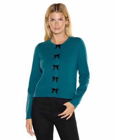 Belldini Women's Snap-front Bugle-bead Bow Cardigan In Winter Teal,black