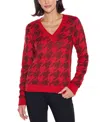 Belldini Plus Size Stylized-houndstooth V-neck Sweater In Red