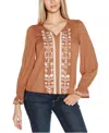 Belldini Black Label Women's Tie-neck Embroidered-front Blouse Top In Iced Latte