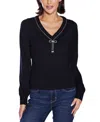 Belldini Women's V-neck Rhinestone-bow Sweater In Black