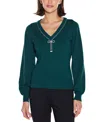 Belldini Women's V-neck Rhinestone-bow Sweater In Green