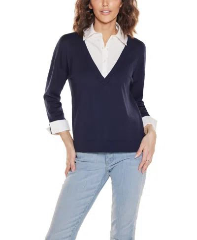 Belldini Women's Woven Collar Twofer Sweater In Navy