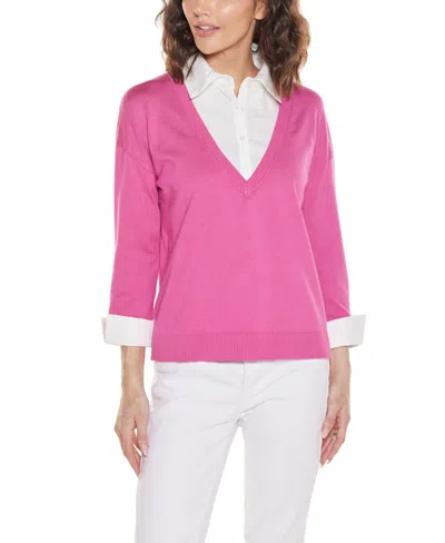 Belldini Women's Woven Collar Twofer Sweater In Pink