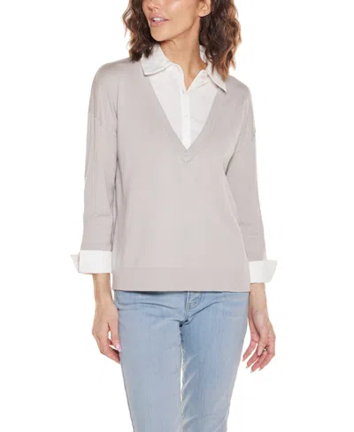 Belldini Women's Woven Collar Twofer Sweater In Silver