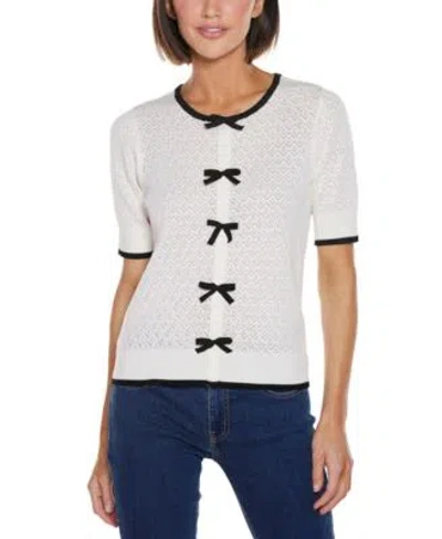 Belldini Womens Bow Detail Pointelle Short Sleeve Sweater In Ivory