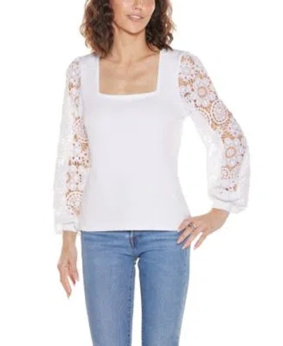 Belldini Womens Crochet Lace Blouson Sleeve Sweater In White