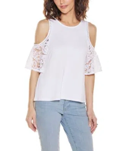 Belldini Womens Crochet Lace Cold Shoulder Top In White
