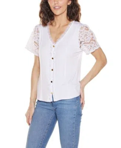 Belldini Womens Crochet Lace Sleeve V Neck Top In White,gold