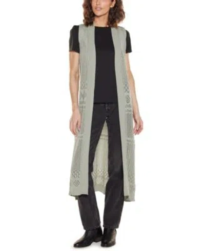 Belldini Womens Pointelle Sleeveless Duster Cardigan Sweater In Silver