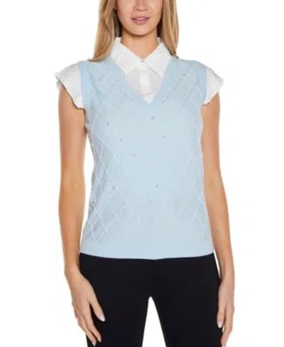 Belldini Womens Two Fer Pullover Sweater In Tropical Sky,white